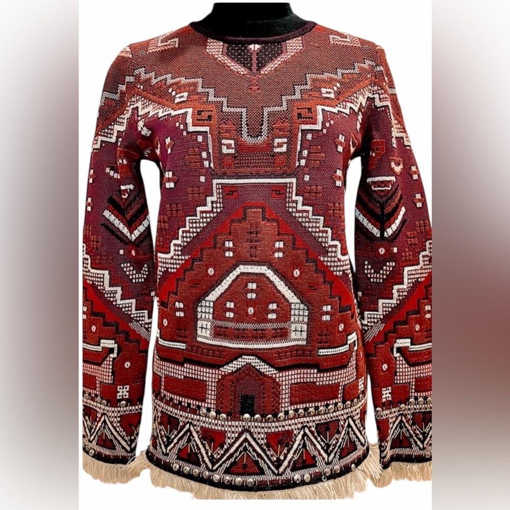 TORY BURCH Runway Tapestry Aztec embellished wool sweater 🩷❤️🖤